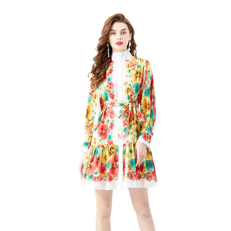 

TRAF Spring Summer Holiday Floral Ruffles Dress Women's Stand Long Lantern Sleeve Flower Print Buttons Lace- Up Loose Vestidos