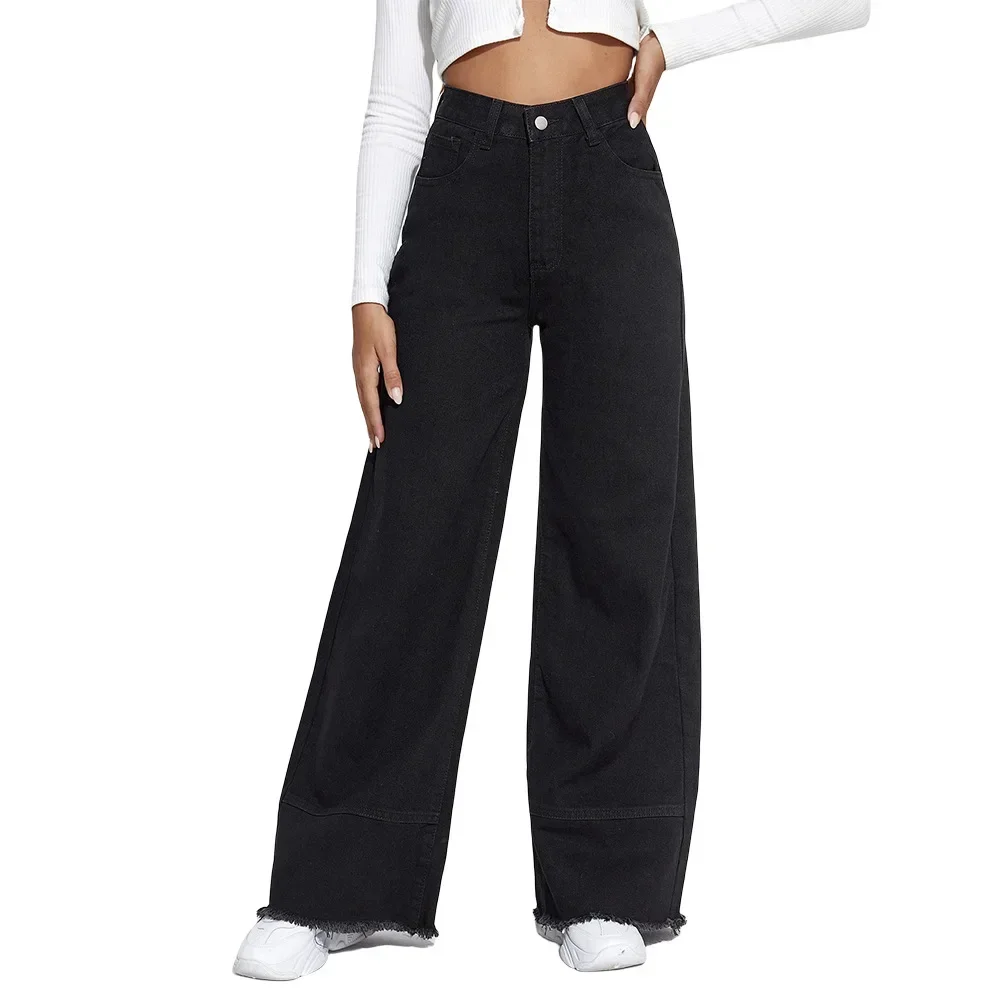 

Spring New American Wide Leg Jeans High Waist Splicing Rough Edge Loose Pants Women Jeans