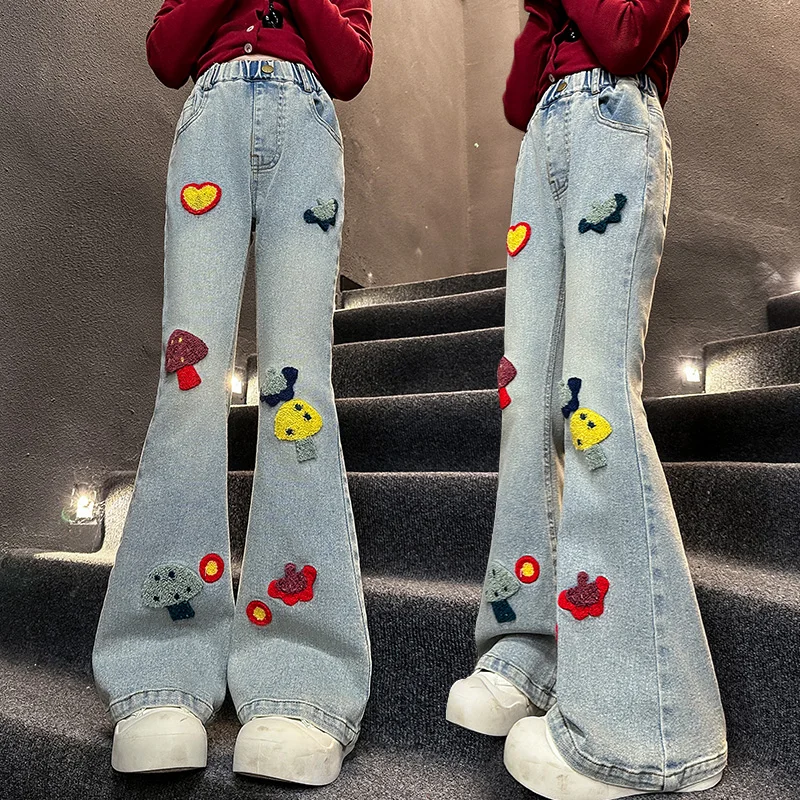 

New Design Kids Girl Fashion Flared Jeans with Mushrooms Embroidery For Teenage Child Slim Fit Bootcut Denim Pants Age 5 To 14 Y