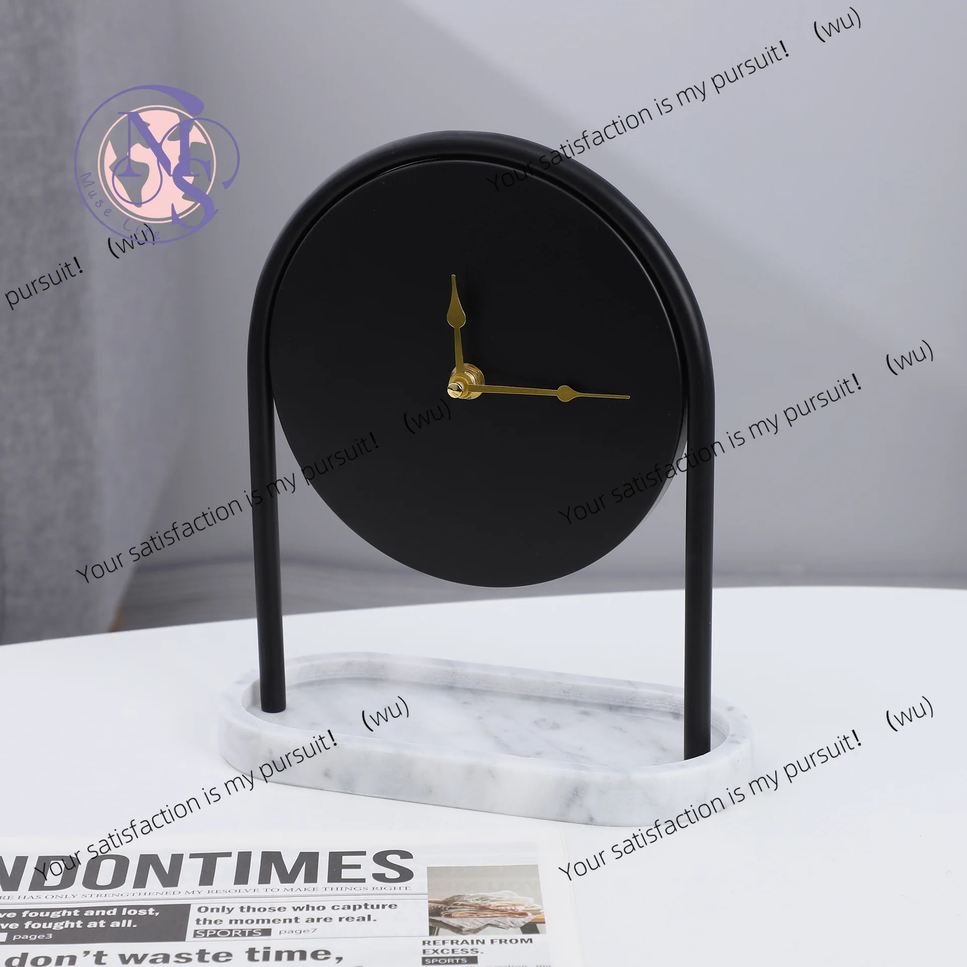 Modern minimalist creative clock ornament desktop marble base black clock home decoration high-end clock