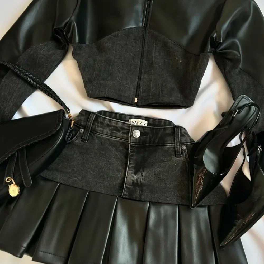 Goth Fashion Leather Spliced Denim Black Two Piece Set Women Harajuku Long Sleeve Zipper Jacket Mini Pleated Skirt Autumn Jacket