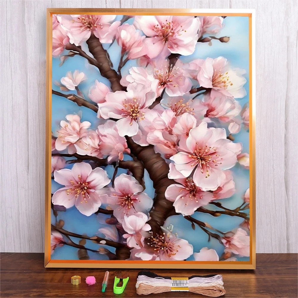 Flowers Pattern Embroidery Kit Accessories Crafts Adults Handmade Cotton Thread Cross Stitch Set Home Decoration Cherry Blossom