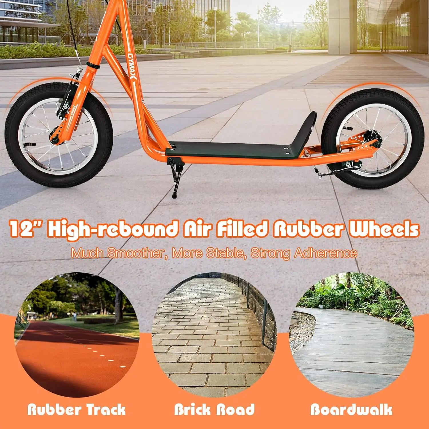 Hulajnoga terenowa dla dzieci i dorosłych z 12-calowymi dmuchanymi kołami, regulowaną wysokością kierownicy, hamulcami V-Type i podnóżkami osi.