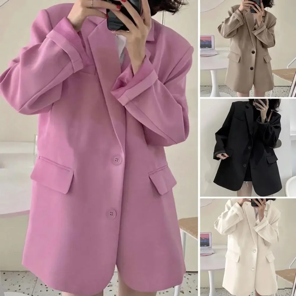 Long Sleeve Flap Pockets Two Buttons Loose Fit Casual Blazer Autumn Winter Solid Color Casual Lapel Suit Jacket Outerwear