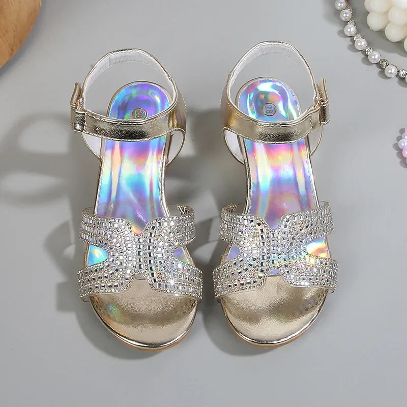 

Fashion Rhinestone Girls' Sandals 2025 Summer New Children's High Heels Soft Sole Girl Princess Shoes Size 28-36