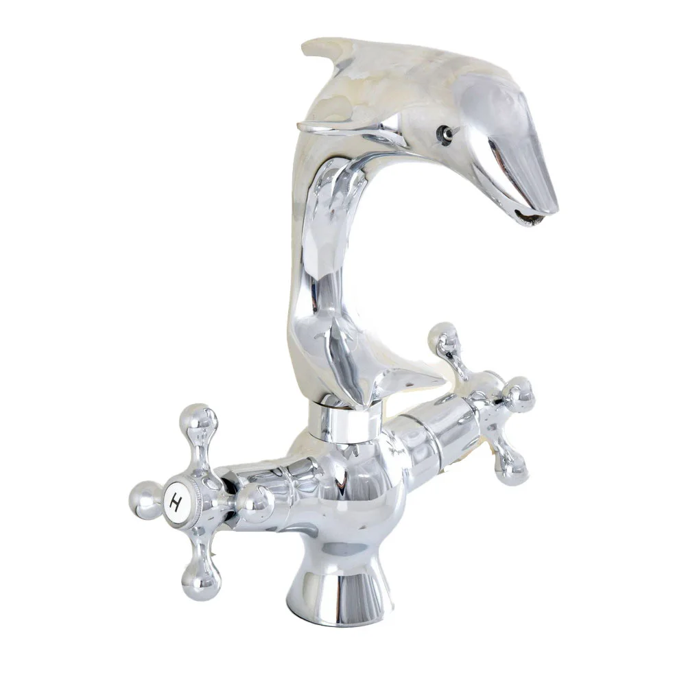 

Polished Chrome Dolphin Shape Deck Mounted Dual Handle Bathroom Basin Faucet Hot and Cold Water Mixer Taps tsf852