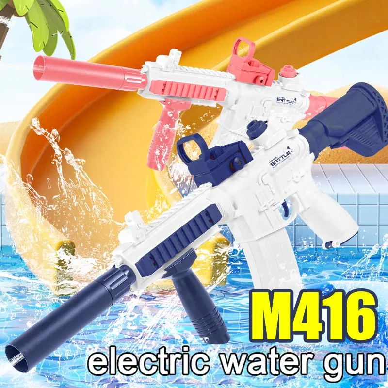 Pistola de água elétrica m416, brinquedo de longo alcance de grande capacidade, fogo contínuo embutido, 2.5cm de diâmetro, armazenamento de água externo, piscina, praia