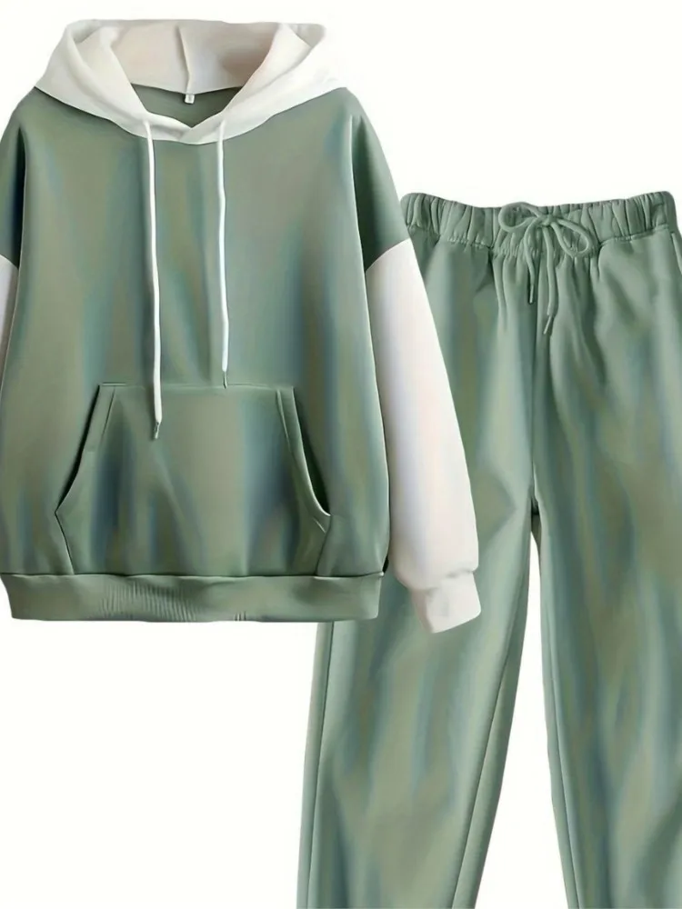 Mujer Otoño Invierno nuevo traje con capucha de bloqueo de Color sudadera bolsillo moda elegante Casual vacaciones trajes de dos piezas Mujer