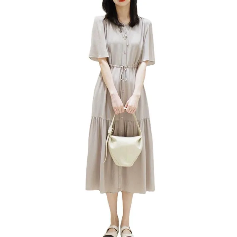 Saia de seda crepe de camada dupla manga curta vestido de seda de comprimento médio verão novas roupas femininas de alta qualidade