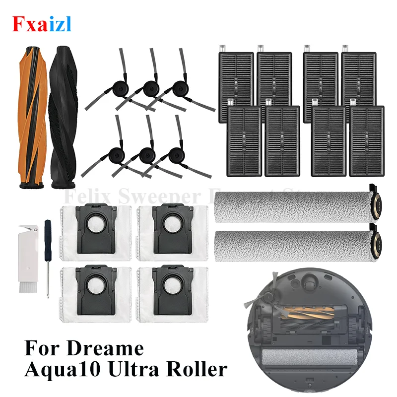 Accessories For（Dreame Aqua10 Roller / Aqua 10 Ultra Roller Complete/RLH31CE/RLH71DE）Vacuum Cleaner Main Brush HEPA Filter Bag