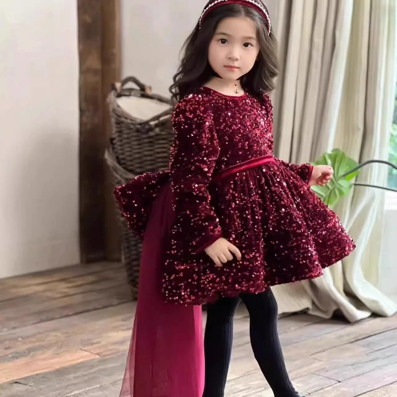 Baby Christmas Dress for Girls Toddler Kids Long Sleeve Sequin Lace 1st Birthday Clothes Kids Princess Wedding Party Ball Gown