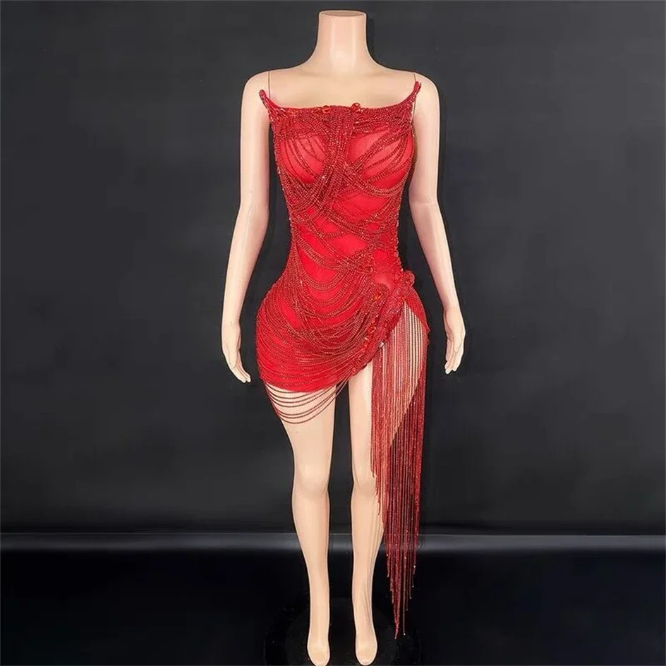 

Luxury Shining Red Diamonds Long Tassels Women Celebrate Birthday Evening Party Elegant Dress Sexy Strapless Mini Dress