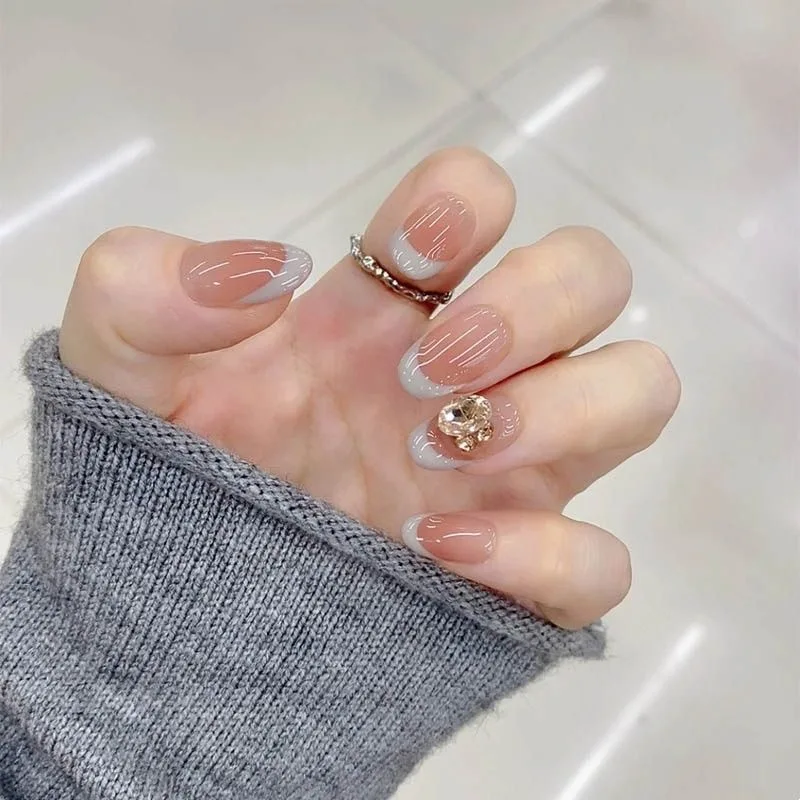10Pcs Short Oval French Pink Blue Handmade Press on Nails Fake Nails With 3D Diamond Design Wearable Nail Tips Art