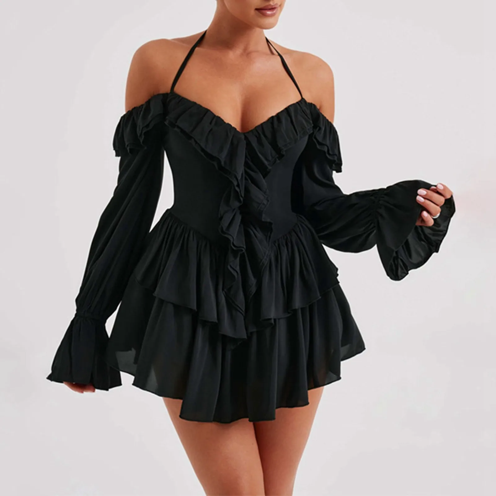 Dresses For Women 2024 Plus Size Women'S Sexy Halter Low Cut Peplum Long Sleeved Shorts Casual Dress Vestido Mujer Elegante