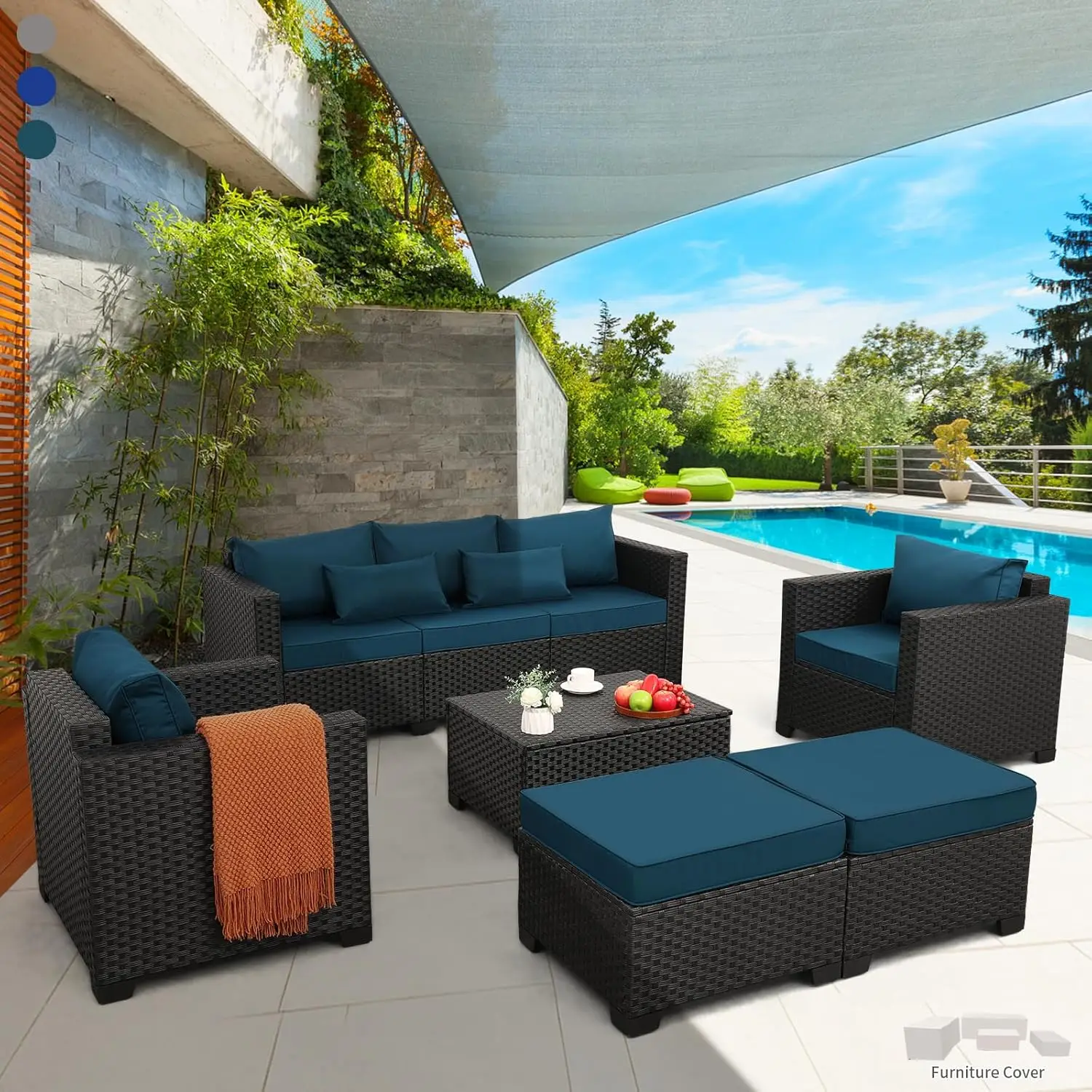 Patio Furniture Set 6 Pieces Couch Outdoor Chairs Coffee Table Peacock Blue Anti-Slip Cushions and Waterproof Covers, Customized