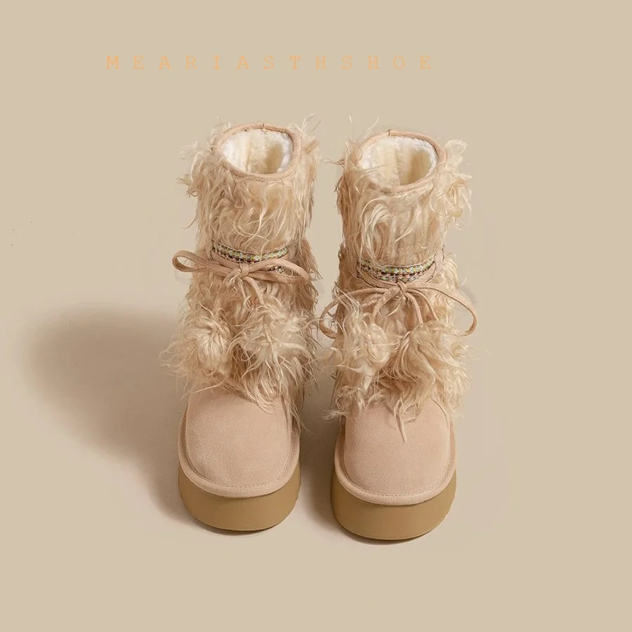 

Fur Snow Women's Boots Flats Platform Suede Designer Shoes for Woman Short Plush 2025 Warm Winter Boots Cozy New Ladies Boots