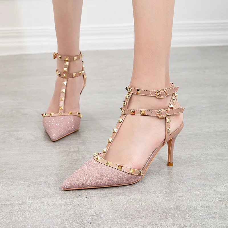 Women\'s Shoes Fashion Sexy High Heels Women Shoes Rivet Stiletto High Heel Sequined Hollow Pump Sandals Women