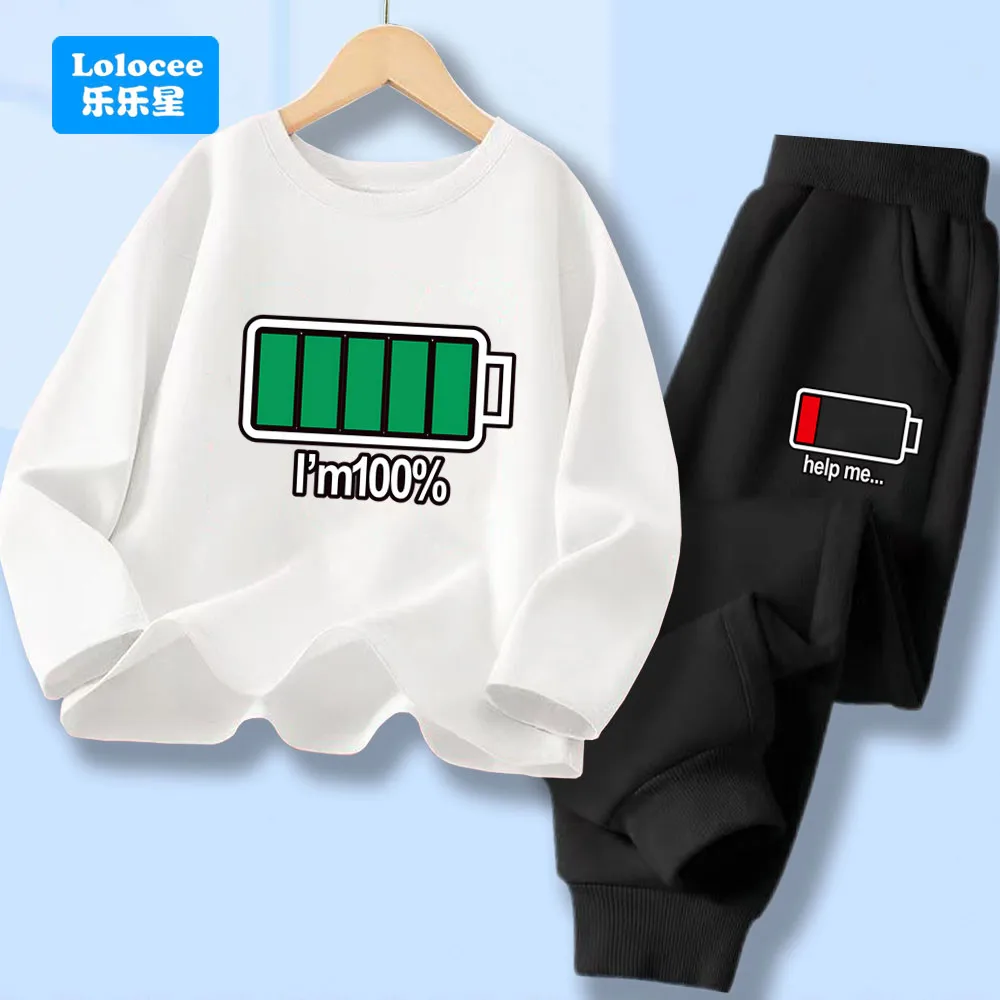 Spring Autumn Children Boy Clothes Set Kid Cartoon Battery Printed Pullover T-shirt And Pants Suit Long Sleeve Tracksuits DCW1