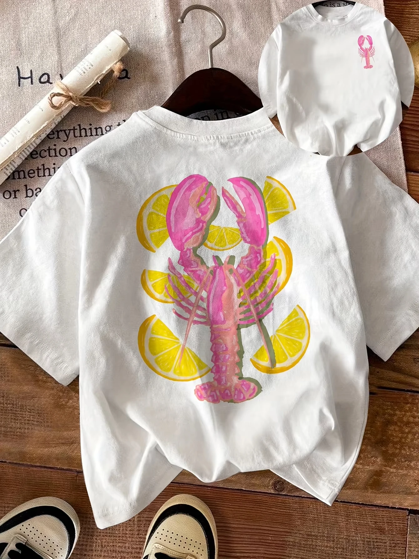 

Женские футболки с принтом лобстера и ломтиков лимона, летние модные высококачественные повседневные спортивные свободные топы с короткими рукавами