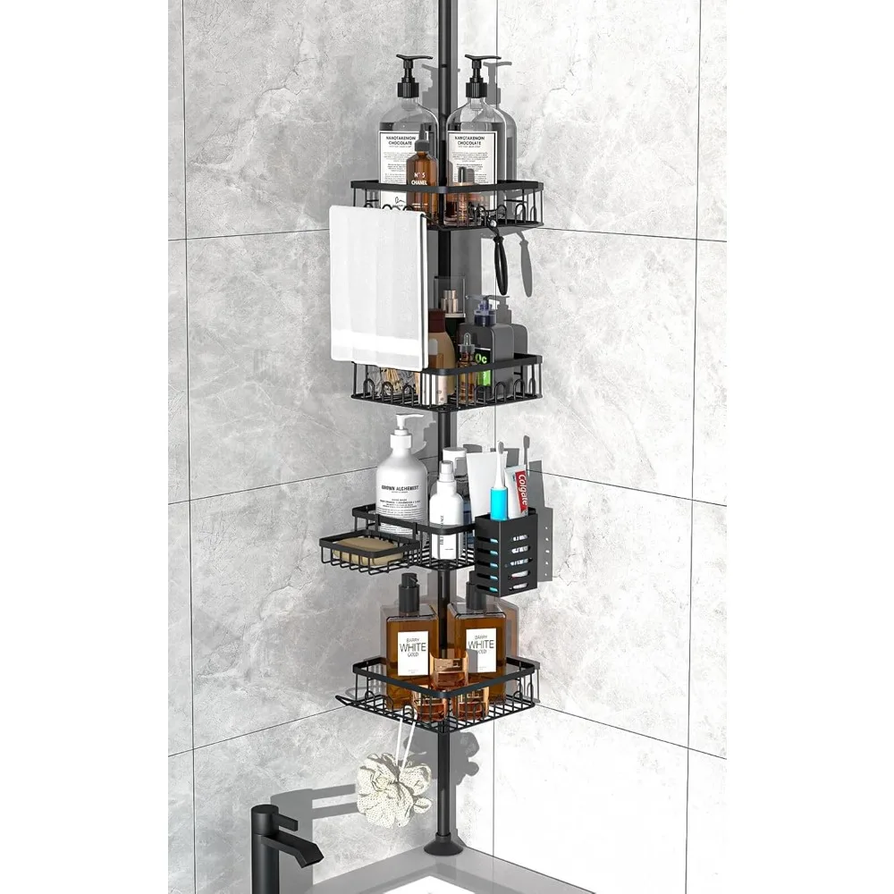 

Shower Caddy Corner, Rustproof 4 Tier Adjustable 47 to 104 Inch Corner Shower Caddy Tension Pole, Floor Standing Bath Rack