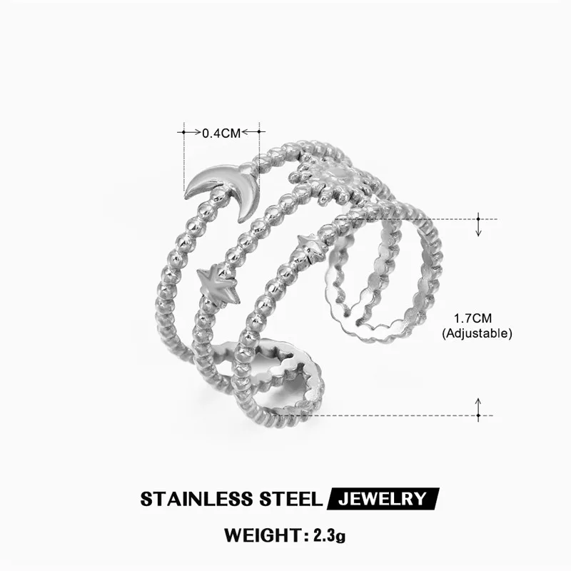 Vintage Stainless Steel Moon Sun Rings Women Golden Triple Layer Joint Jewelry Girls Fashion Ring Gifts Accessories Adjustable