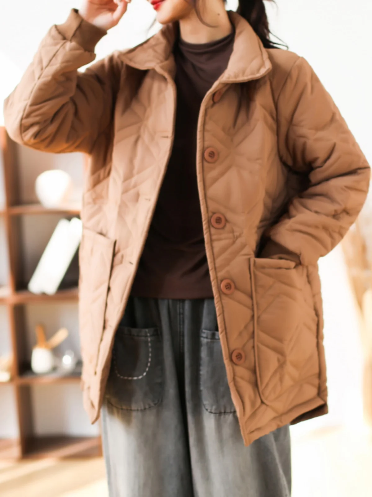 

Women's Casual Cotton Jaet Thiened Retro Loose Fit Mid-Length Button-Up Coat And Pear aped Body pes Winter Wear
