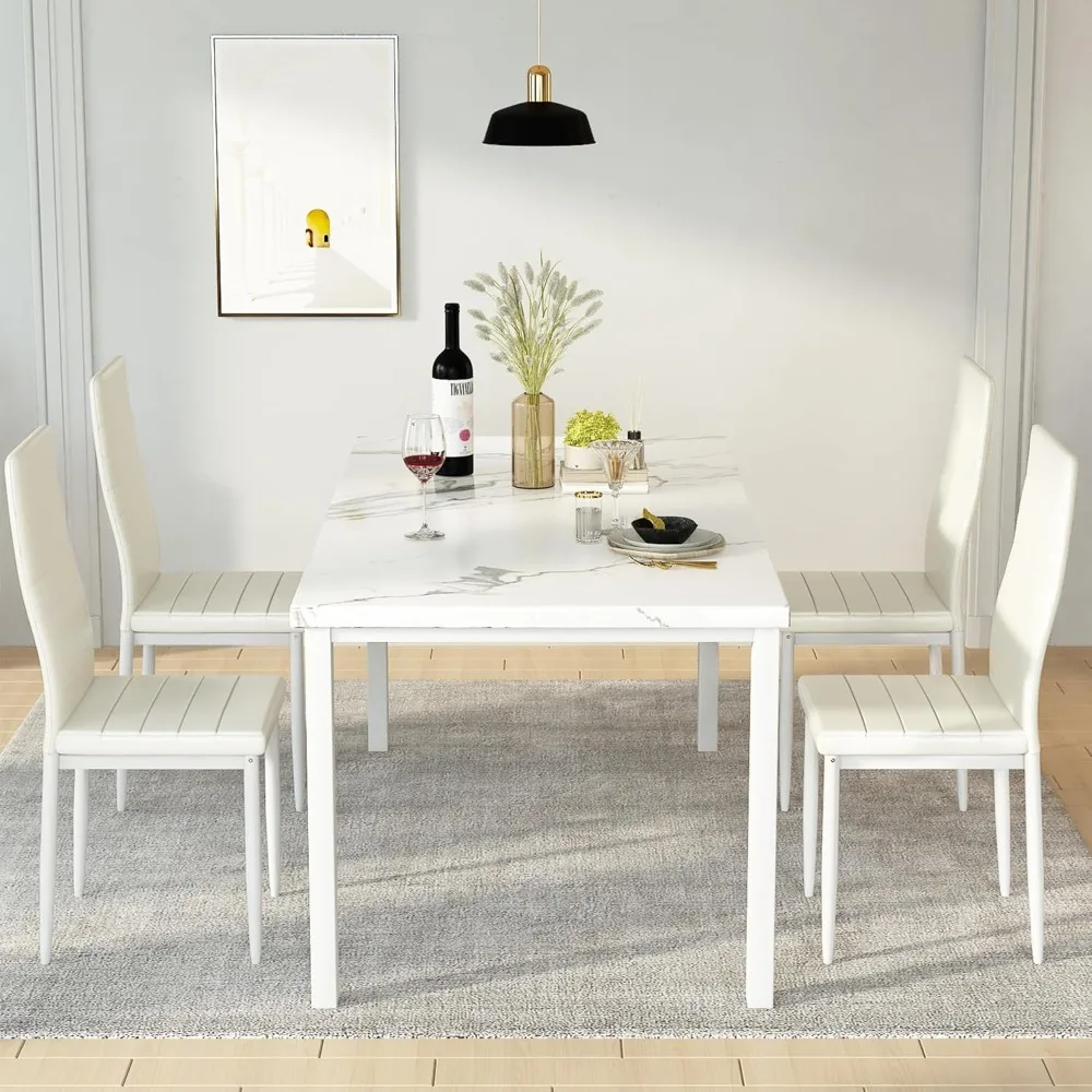 Dining Table Set for 4, Marble Kitchen Table and Chairs for 4, Comfortable PU Leather Chairs,White+White