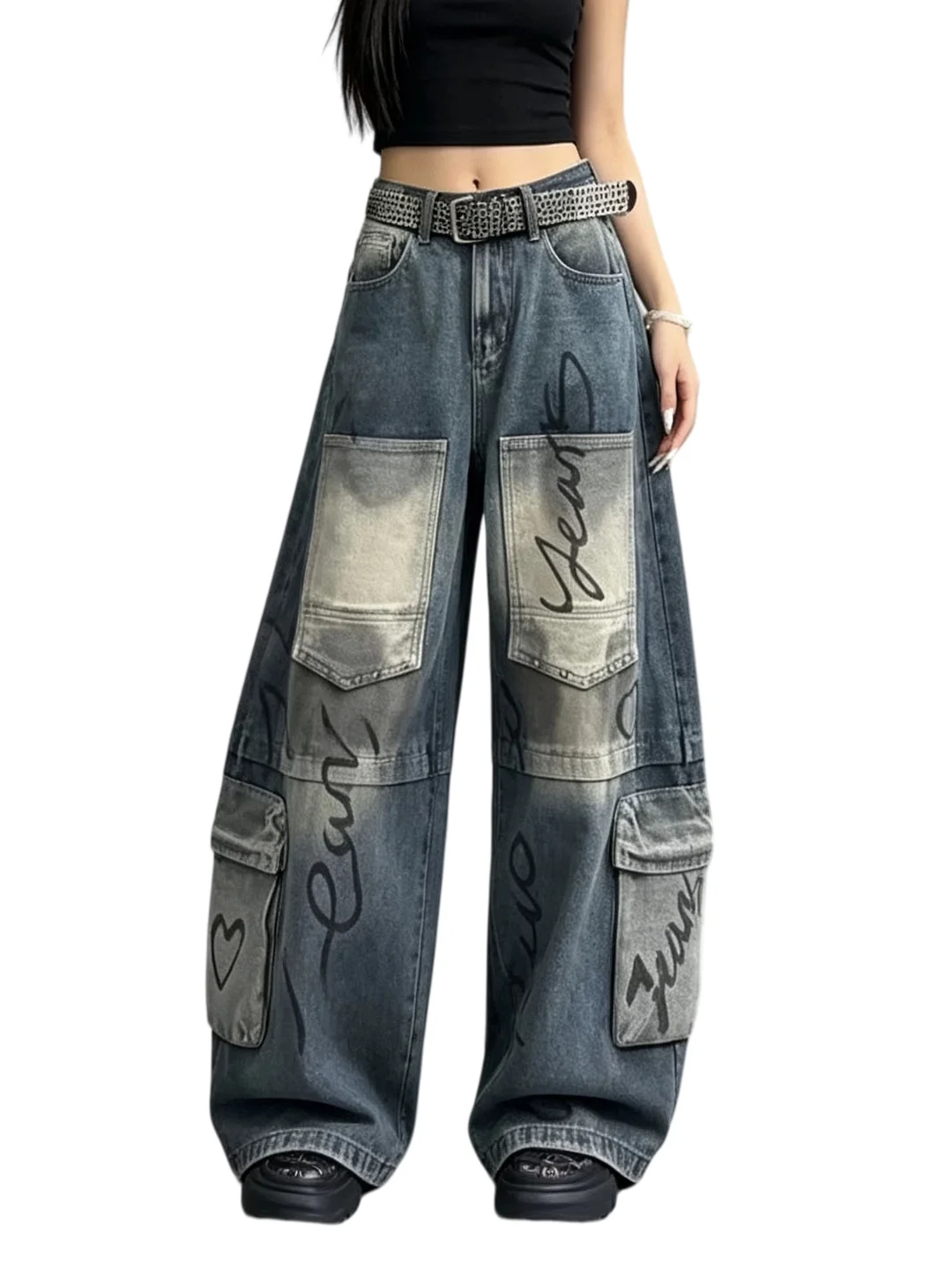 American Retro Graffiti High Waist Knife  Jeans Women's Fall New Style Slimming Wide Leg Floor Length Pants