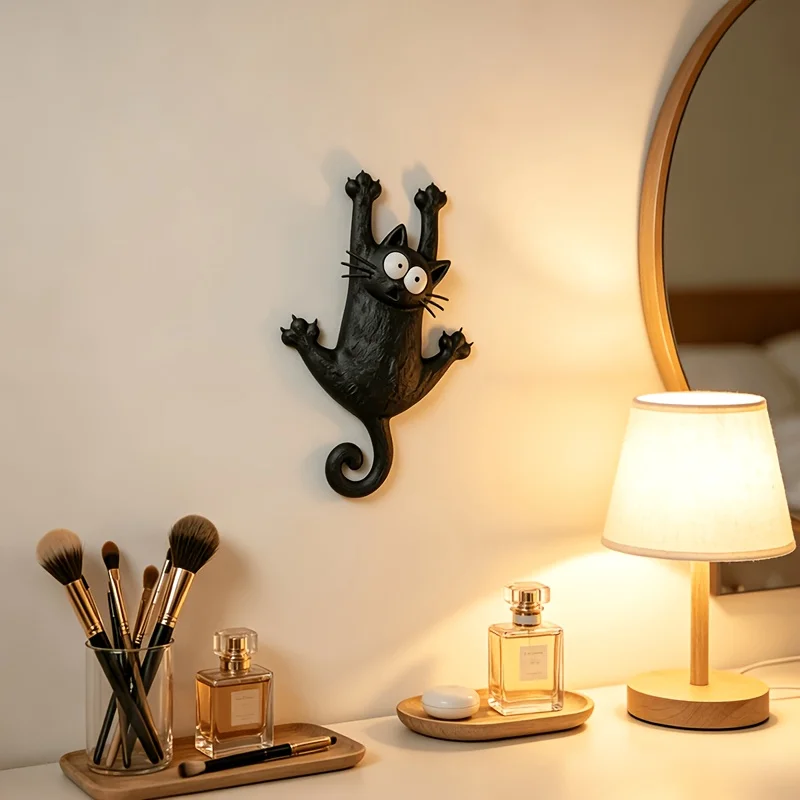 Stretching Black Cat Figurine—A Cute and Quirky Animal Ornament Perfect as a Small Decorative Accent for Walls, Tabletops, Books