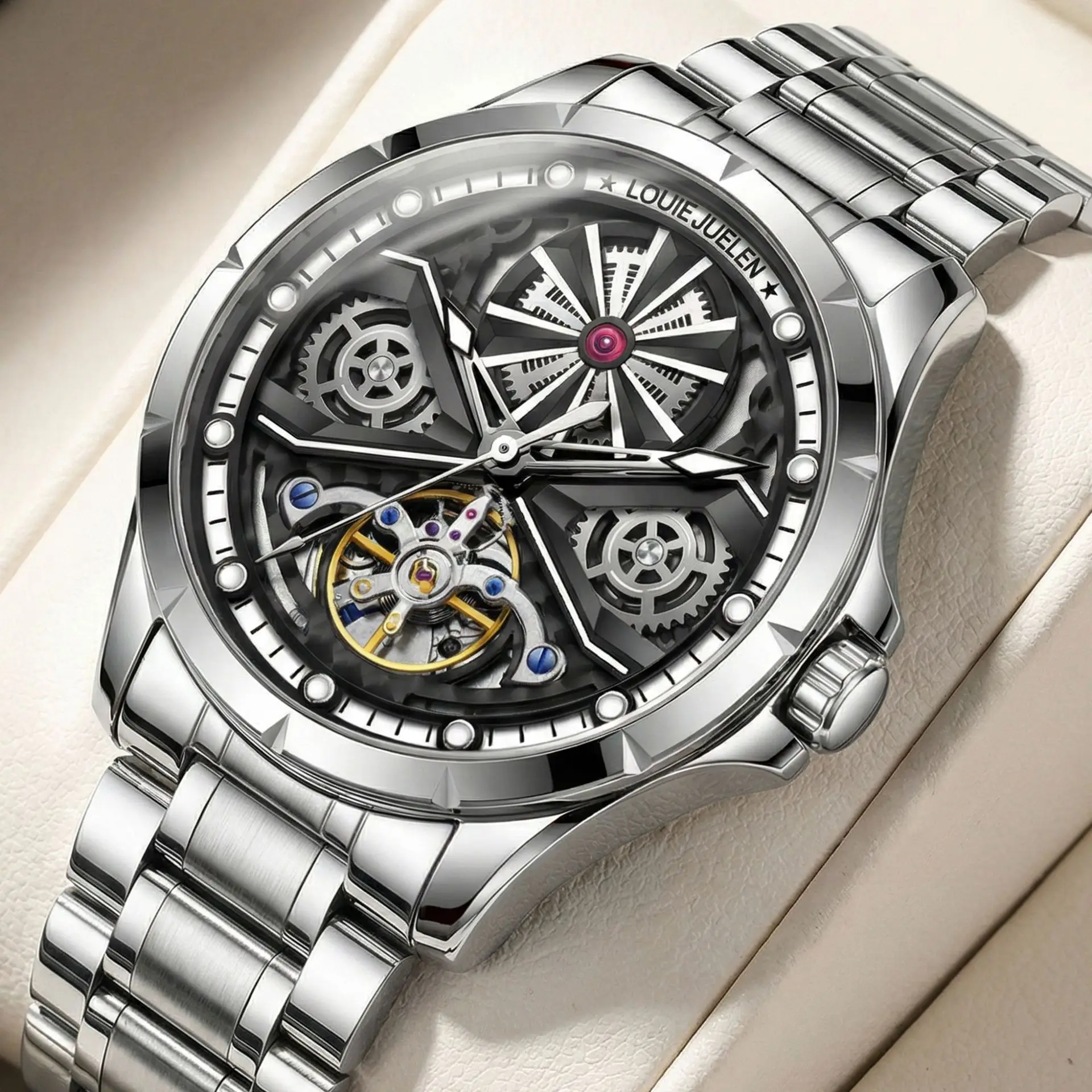 Stainless Steel New Full Skeleton Luminous Waterproof Tourbillon Self-Wind Automatic Mechanical Watch for Men
