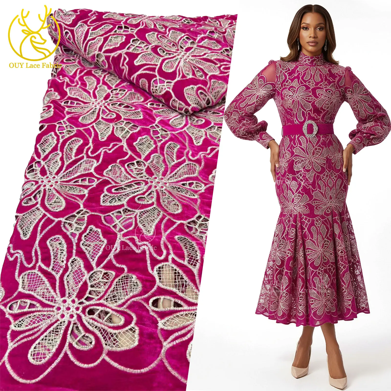 

Latest Velvet Embroidered Lace Fabric 2026 Premium Quality African Dress Fabric Women's Party Wear and Evening Gown Sewing