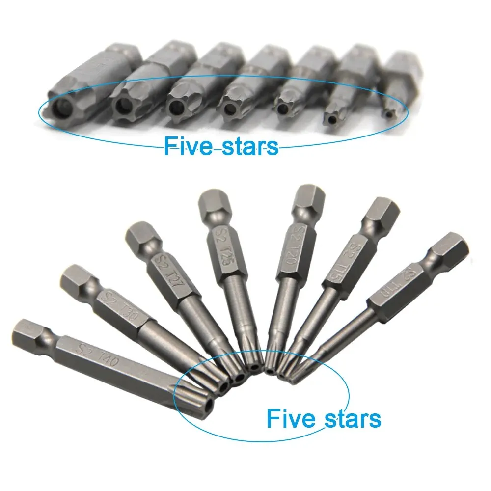 7pc Hexagonal Handle Five Star Hollow Screwdriver Head with Hole S2 Magnetic Screwdriver Head T10-T40 Tool Set