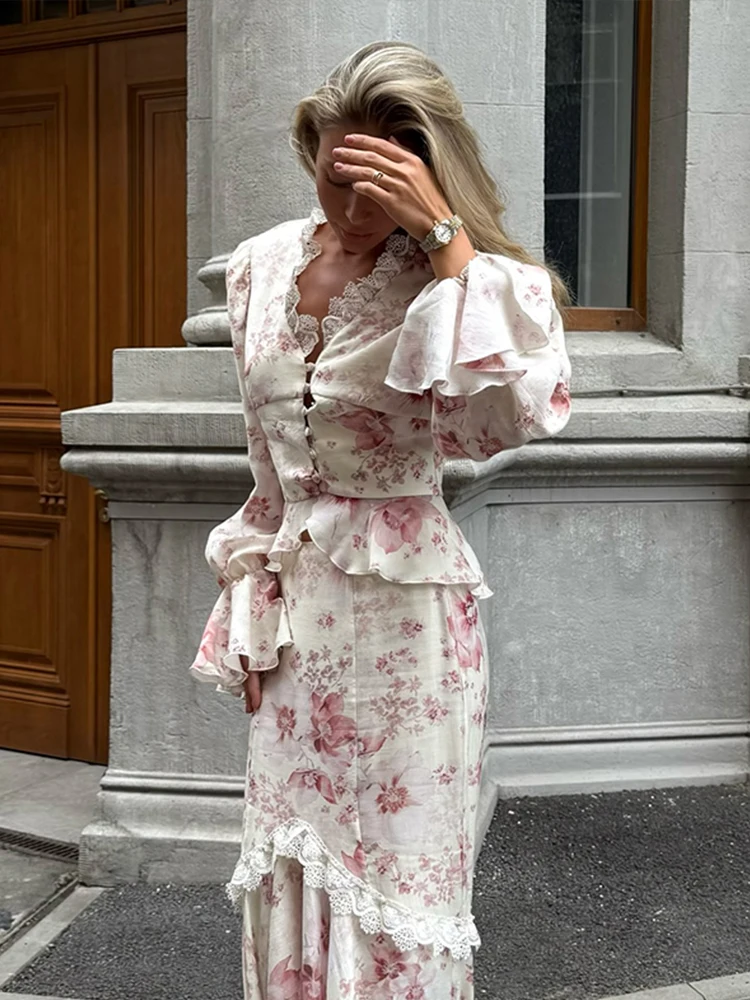 

Woman Lace Patchwork Shirt Skirts Sets Elegant Ruffle Floral Full Sleeves V-neck Slim Shirts Hip Package Long Skirt Lady Suits