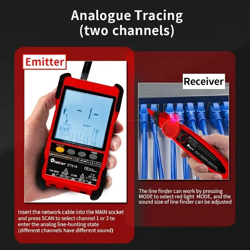 TOOLTOP Network Cable Tester Multimeter Lan Cable Tracking POE Test 400M/600M Length Measure Sensitivity Adjustable Line Tracker