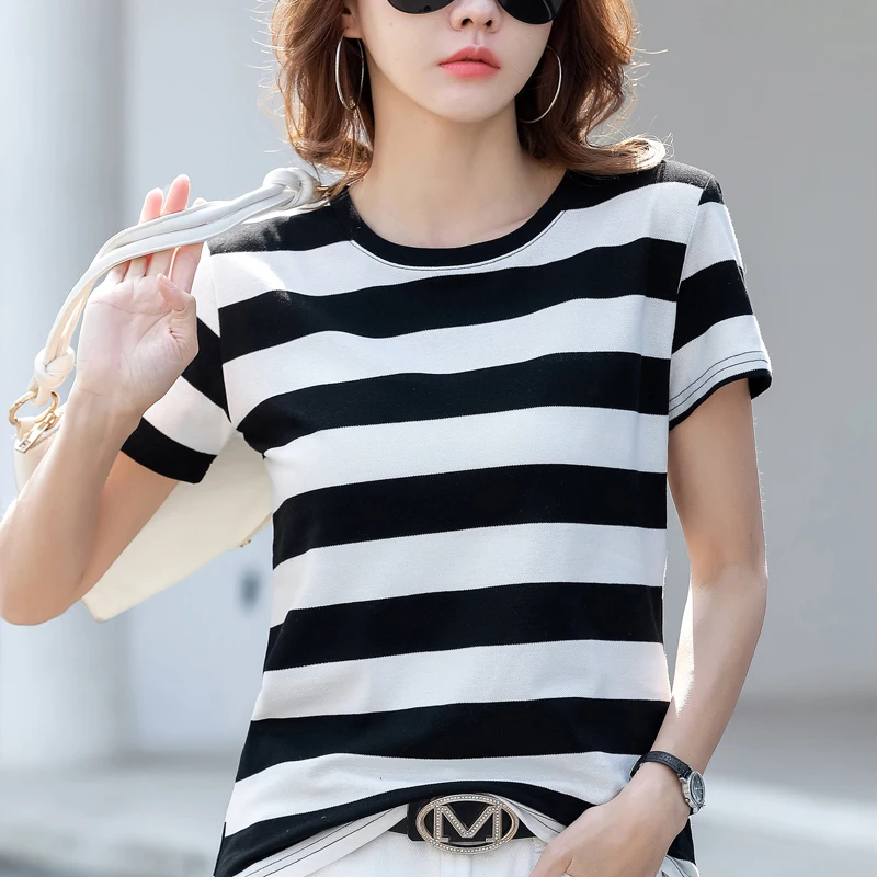 Fashion Summer Casual Short Sleeve O-Neck Women T Shirt Blue White Black Orange Striped T-shirt Women Tops Women Clothing M17