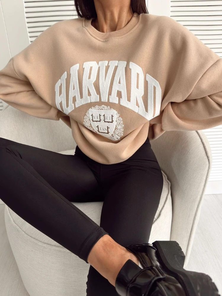 HOUZHOU Korean Oversized hoodie Women 2023 Autumn Letter Printed Loose O-Neck Fashion School Long Sleeve Top Graphic Sweatshirts