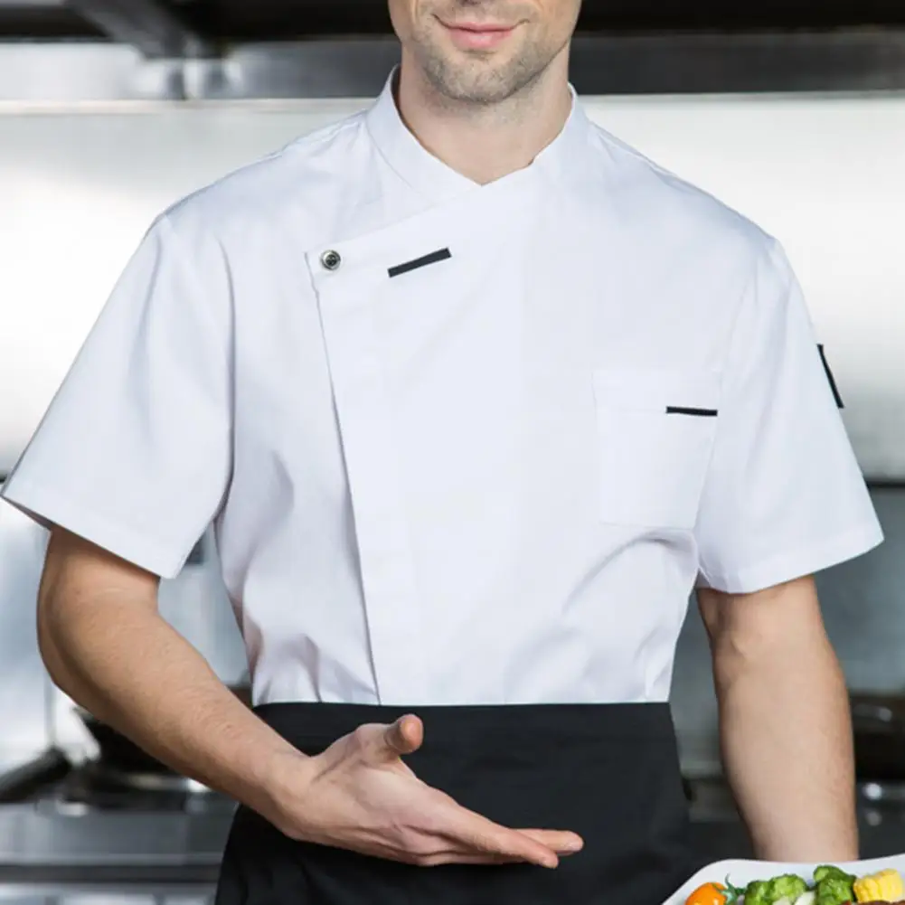 Chef Uniform Stain-resistant Short Sleeves Chef Top Asymmetric Hidden Placket Waiter Shirt Unisex Button-breasted Bakery Uniform