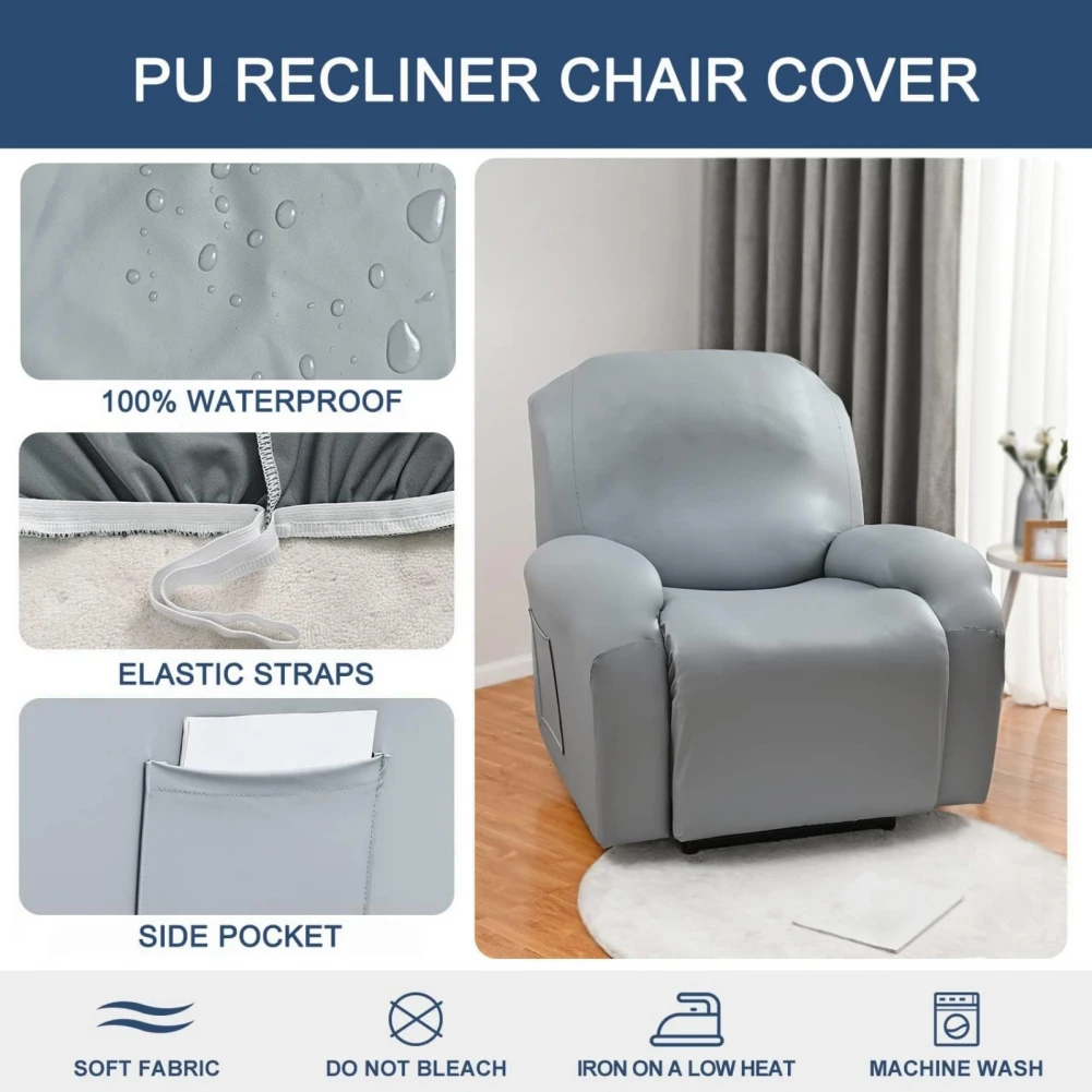 1/2/3 Seat Waterproof Recliner Sofa Cover PU Leather Armchair Cover Solid Color Elastic Relax Single Sofa Slipcovers Home Hotel