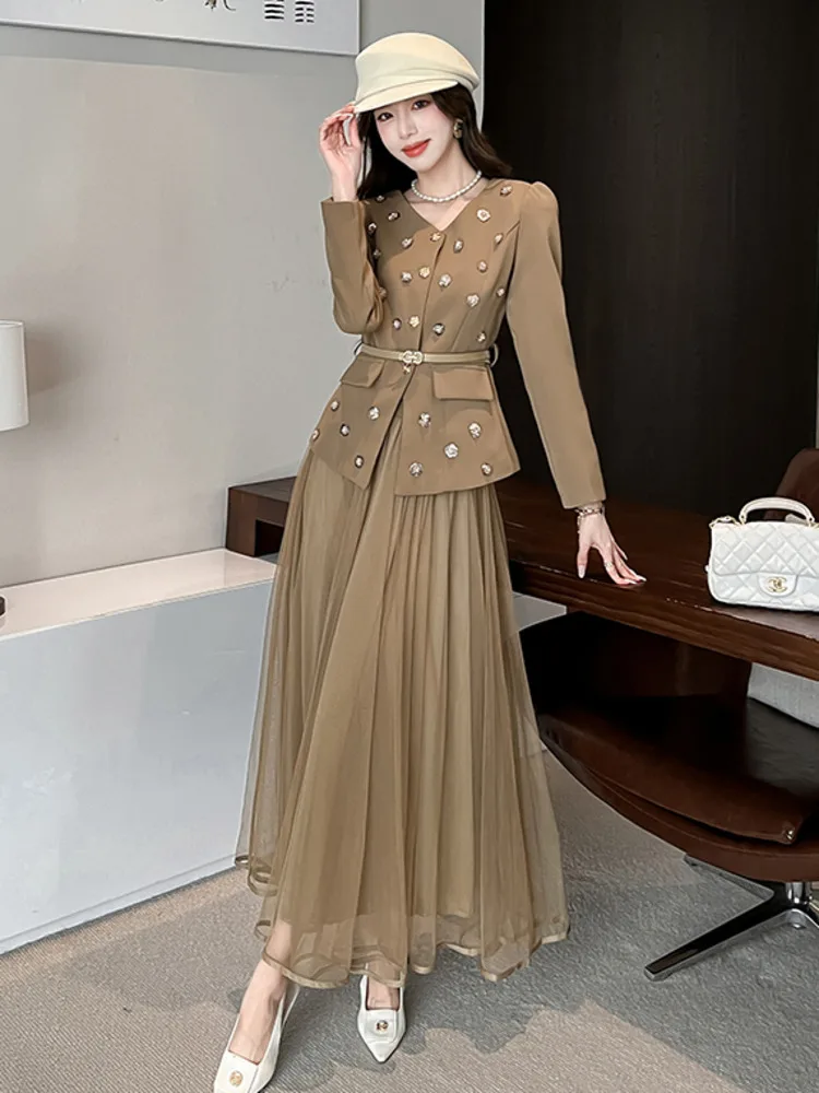

High-end French Elegant Fashion OL 2 Piece Set For Women 2025 Spring Autumn Slim Blazer Coats + Mesh Long Skirt Two-piece Sets