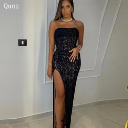 Qanz Modern Lace Prom Dresses Mermaid Strapless Leg Slit Event Dresses For Women Black Luxury Elegant Evening Dresses Long 2024