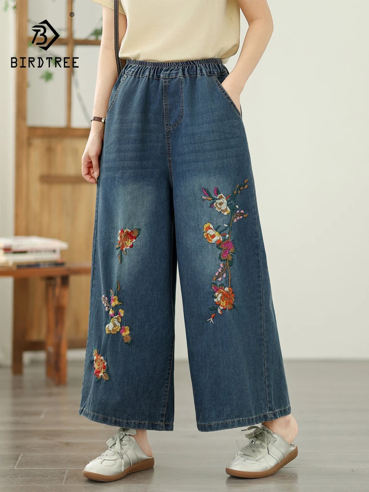 

New 2025 Summer Denim Cotton Jeans, Women Elastic Waist Floral Embroidery, Mori Girl Vintage Loose Straight Trousers B55925CC