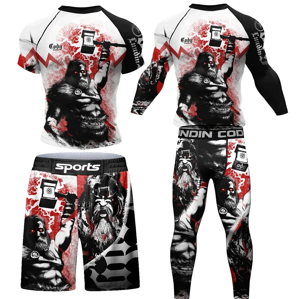 Men MMA BJJ Rashguard T Shirt+Pant Set Muay Thai Boxing Sweat Suit Compression Sportswear Gym Clothing Fitness Running Tracksuit