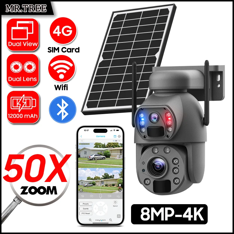 4K Dual Lens 50X Optical Zoom Wifi Security Solar Camera Outdoor 4G SIM CCTV PTZ Surveillance Motion Detection Tracking IP Cam