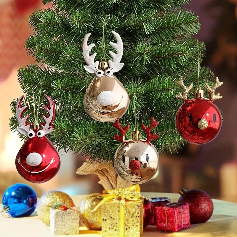 4-Piece Set Of Ball Decorations With Antlers, Plastic Reindeer Decorations, Shatterproof Hanging Christmas Tree Ornaments,