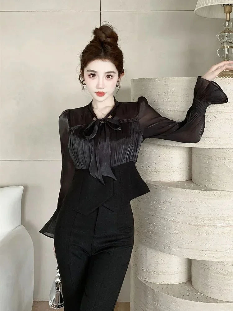 Holiday Outfits Trousers Woman Lace Up Blouse and Pant Sets for Women 2 Pieces Black Shirt Wholesale Free Delivery Bulk D Classy