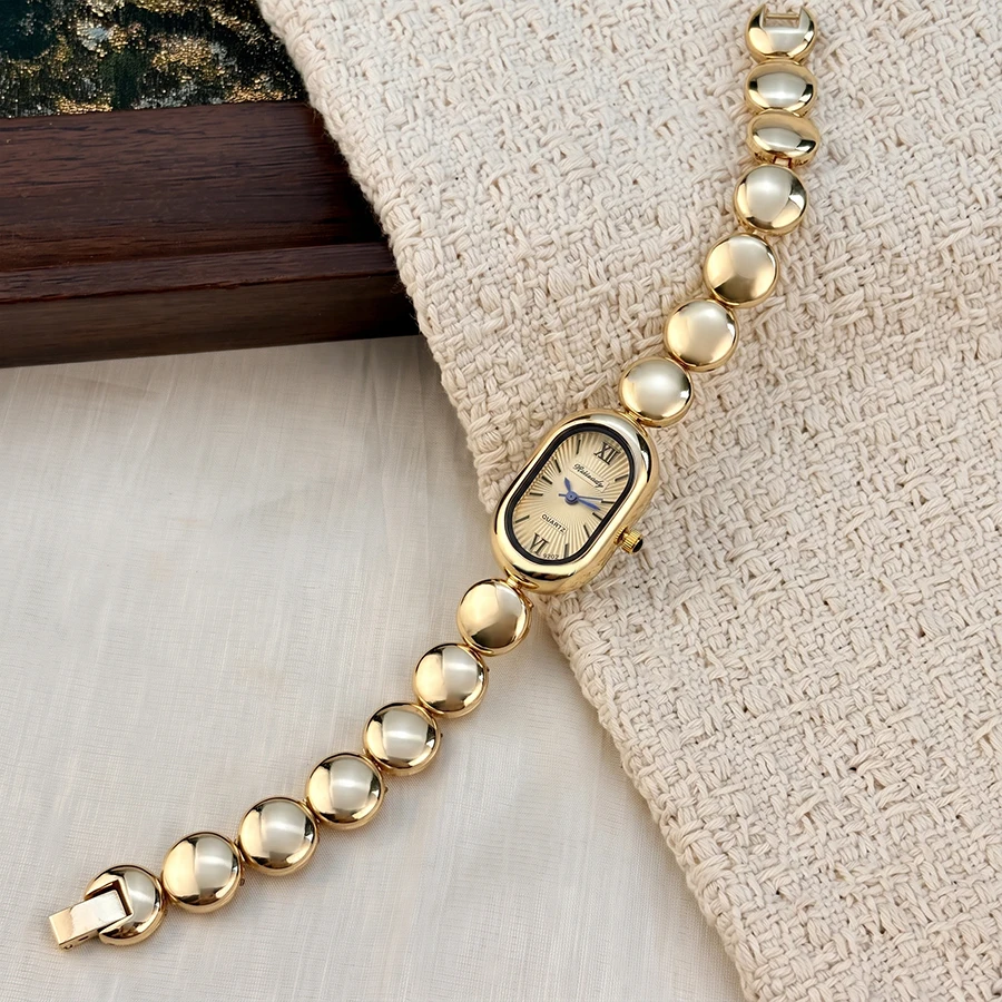 Retro Oval Track Dial Tiny Gold Bead Strap Analog Ladies Wrist Watch