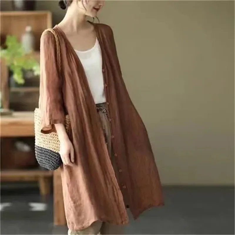 Women\'s Cotton And Linen Cardigan Coat Sun Protection Medium Length Jacket 2024 Summer New Retro Loose Air Conditioned Shirt