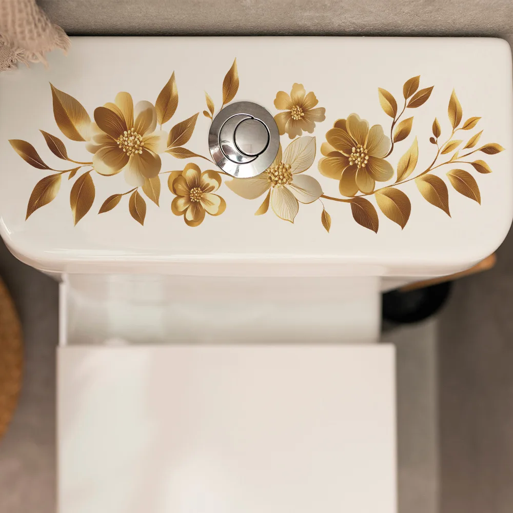 1 Pc Retro Gold Flowers Toilet Sticker WC Self Adhesive Mural Stickers Bathroom Wall Sticker Flower Home Decoration Decals