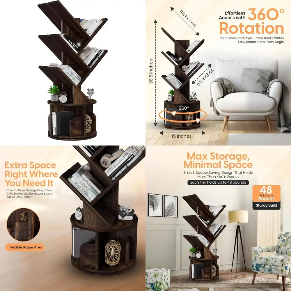 

Узкая вращающаяся книжная полка с 5 полками, на 360° ° Вращающаяся башня, деревянное угловое хранилище премиум-класса для детей и офиса