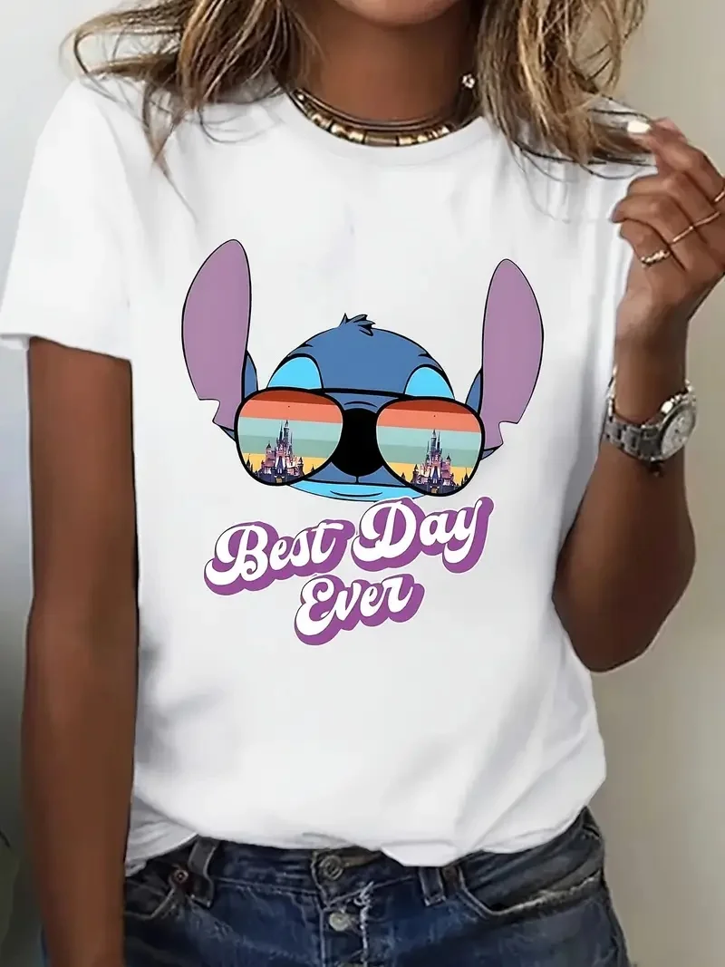 

2025 Disney Pattern Printed Women's Casual Comfortable Unique Smiling Face Black Round Neck Short Sleeve T-shirt